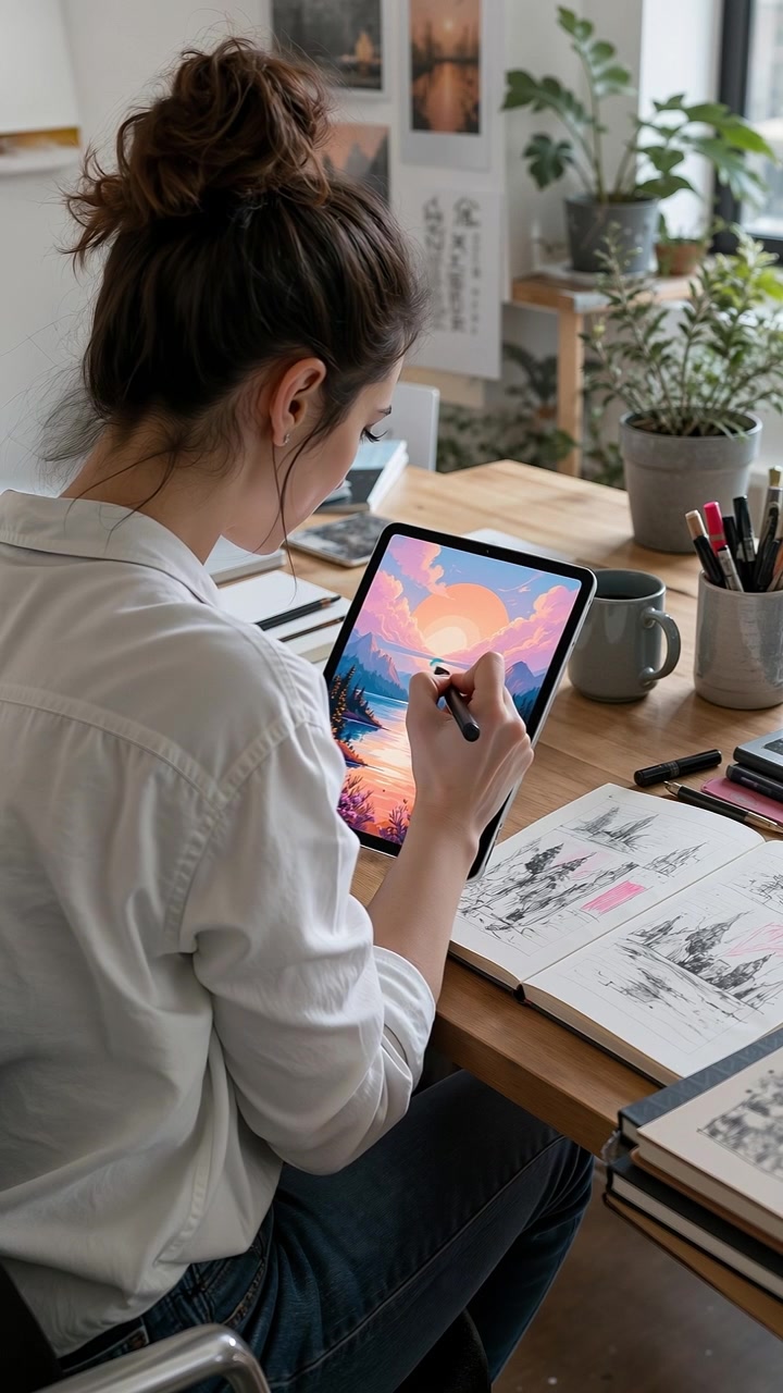 Joven artista dibujando una ilustración de paisaje colorida en una tableta digital en su escritorio