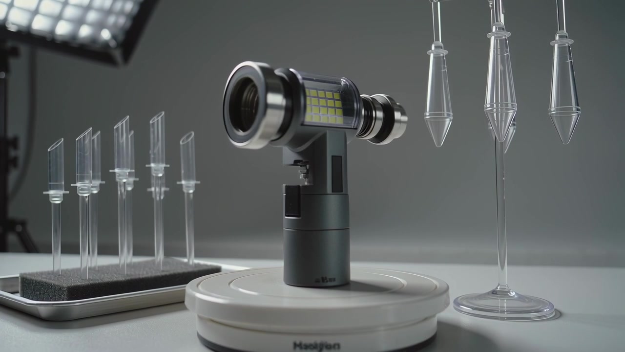 Motor starting lens tilting barrel out on turntable showing LED matrix flanked by vials and cones