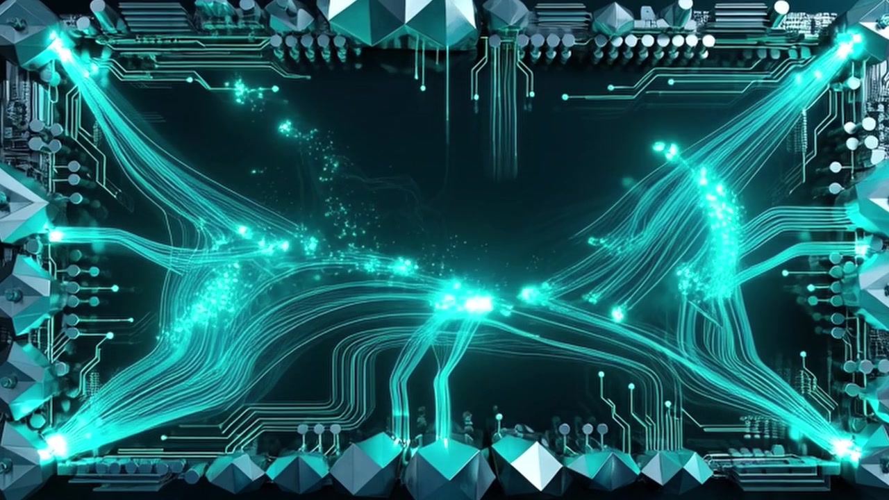 Digital Circuit Board Frame with Glowing Data Flowing Through Lines