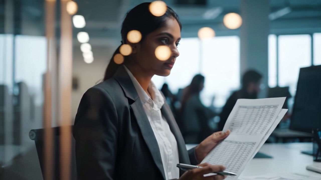 Focused Professional Reviewing Reports in Modern Office Environment with Colleagues Engaged in Various Tasks Highlighted Through Soft Lighting Effects