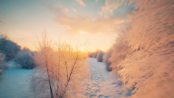 Gentle push propelling camera sliding along snow-covered path revealing footprints under rising sun