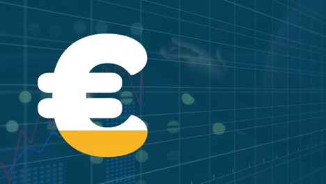 animation of yellow and white euro sign with graphs over cropped hands using digital tablet