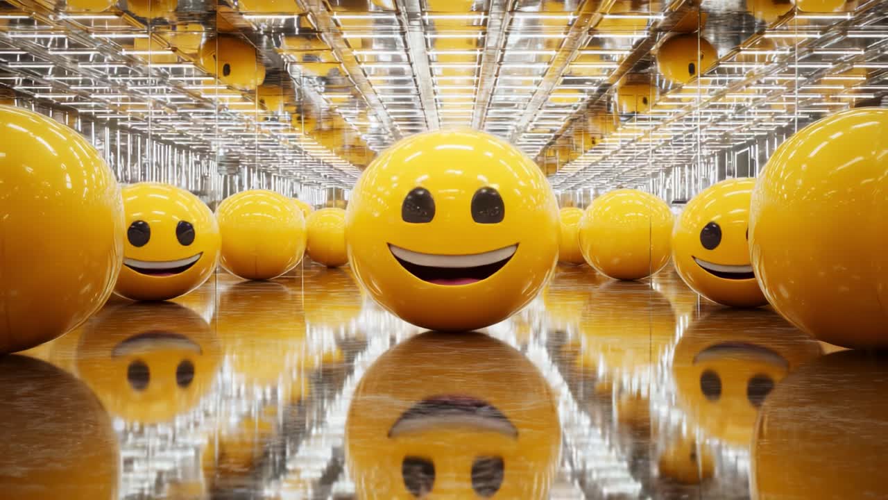 A Vibrant Scene Featuring Large, Cheerful Yellow Smiley Balls in a Reflective Environment, Creating a Playful and Joyful Atmosphere Captured in Stunning Detail
