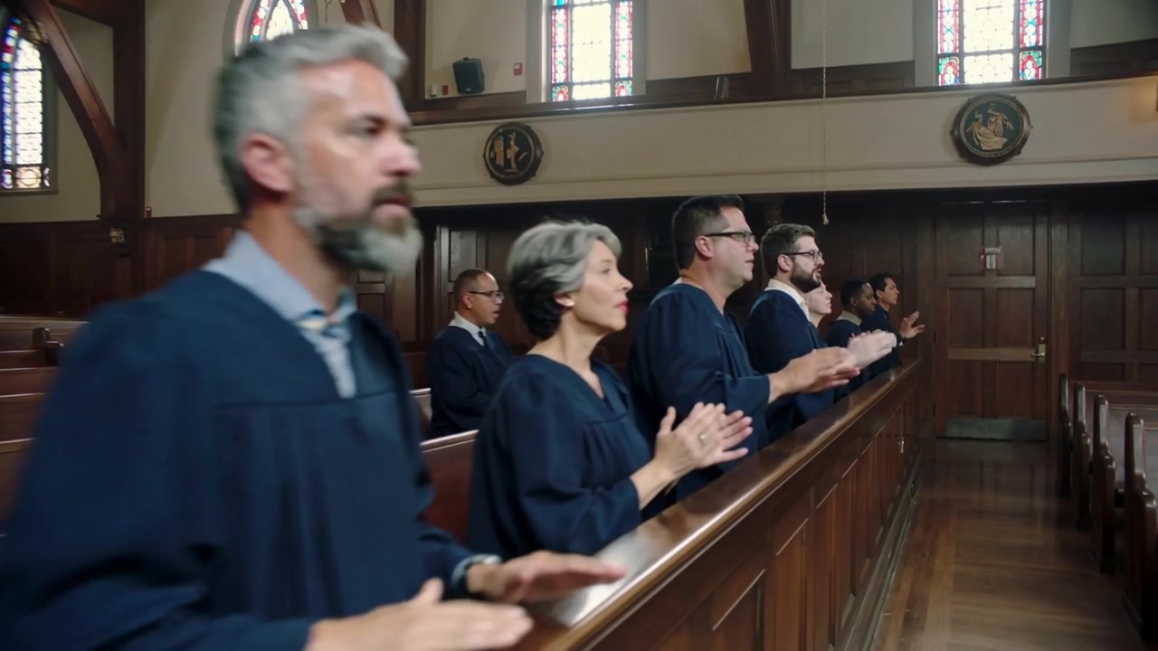 Telecamera panoramica che rivela un coro in tuniche blu scuro che applaude e canta presso la balaustra di un banco di chiesa, seguendo l'indicazione.