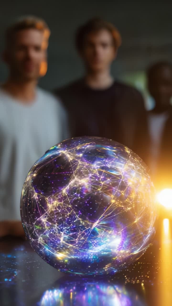 Sfera illuminata: un’affascinante esposizione di motivi luminosi e connettività in un ambiente misterioso con osservatori sullo sfondo