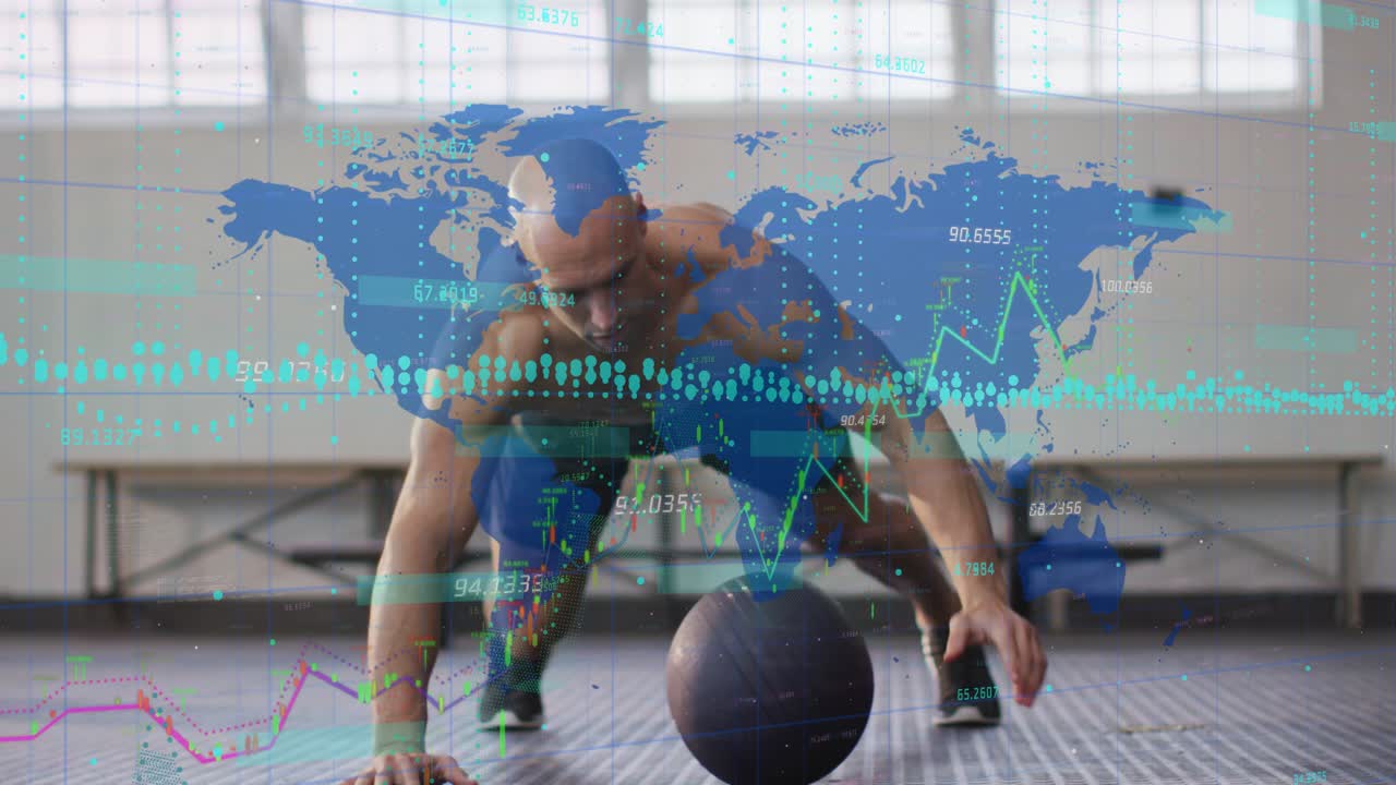 Man starting low plank on medball, doing alternating pushups building fitness, blue map overlaying