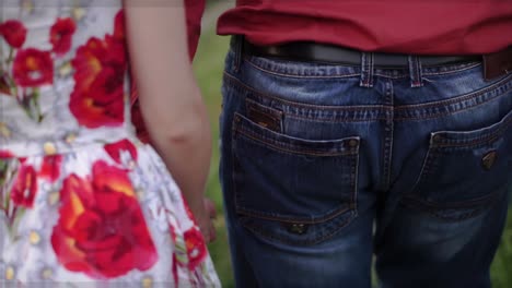 couple walking hand-in-hand in a park