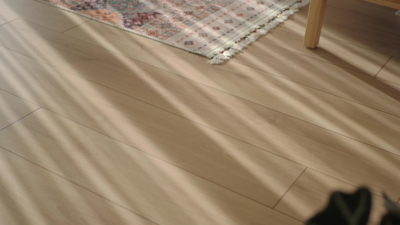 Ombre calde del sole che si muovono su un pavimento in legno chiaro e un tappeto