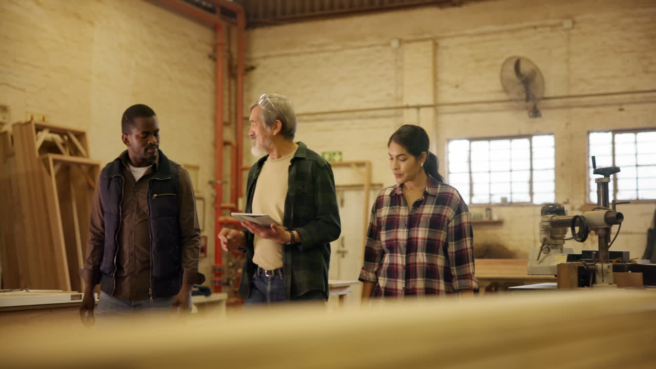 Carpentry team planning in a woodworking shop