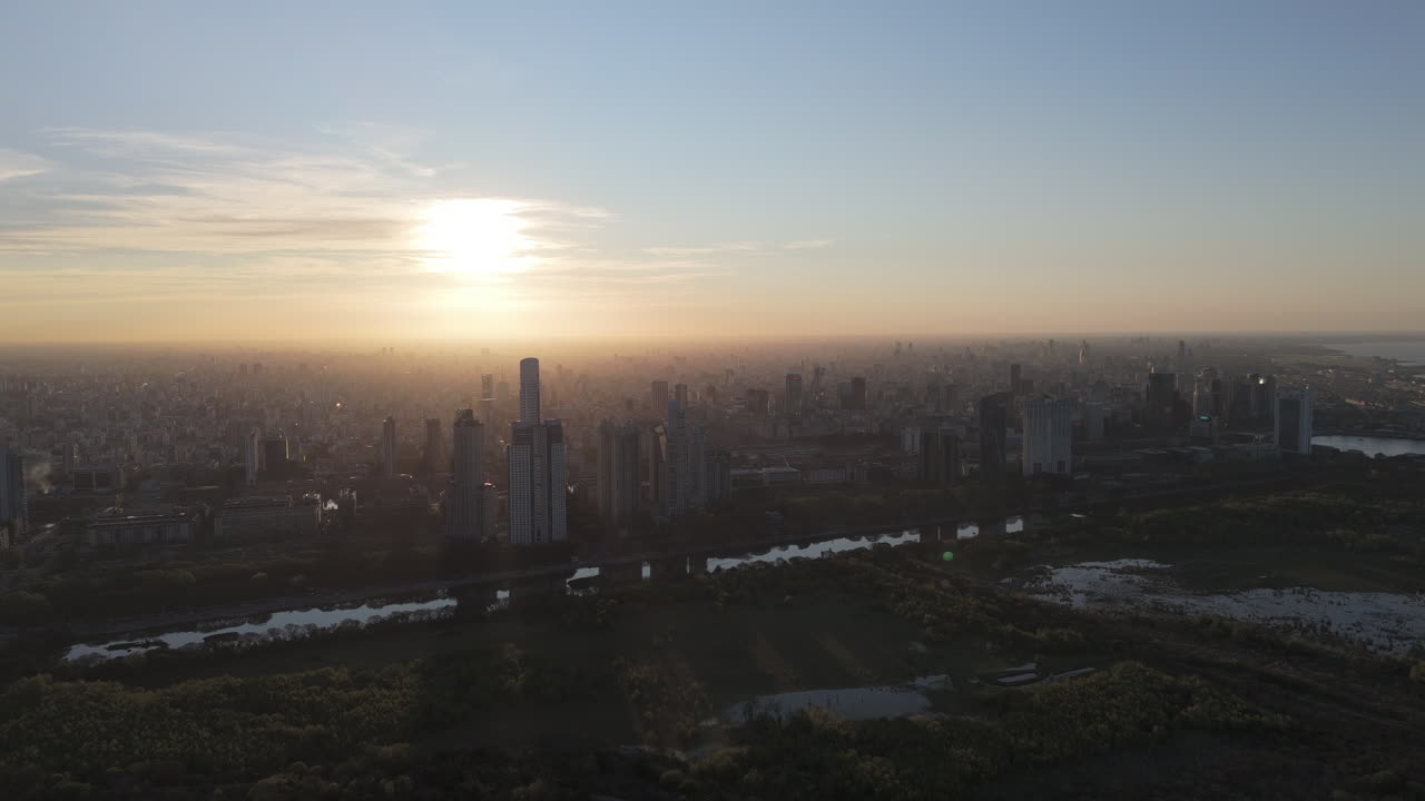 Stunning aerial view of Buenos Aires Capital during beautiful sunset. Argentina. 4k.