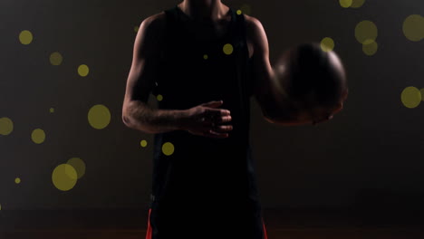 animación de un jugador de baloncesto caucásico lanzando la pelota y puntos de luz en fondo negro
