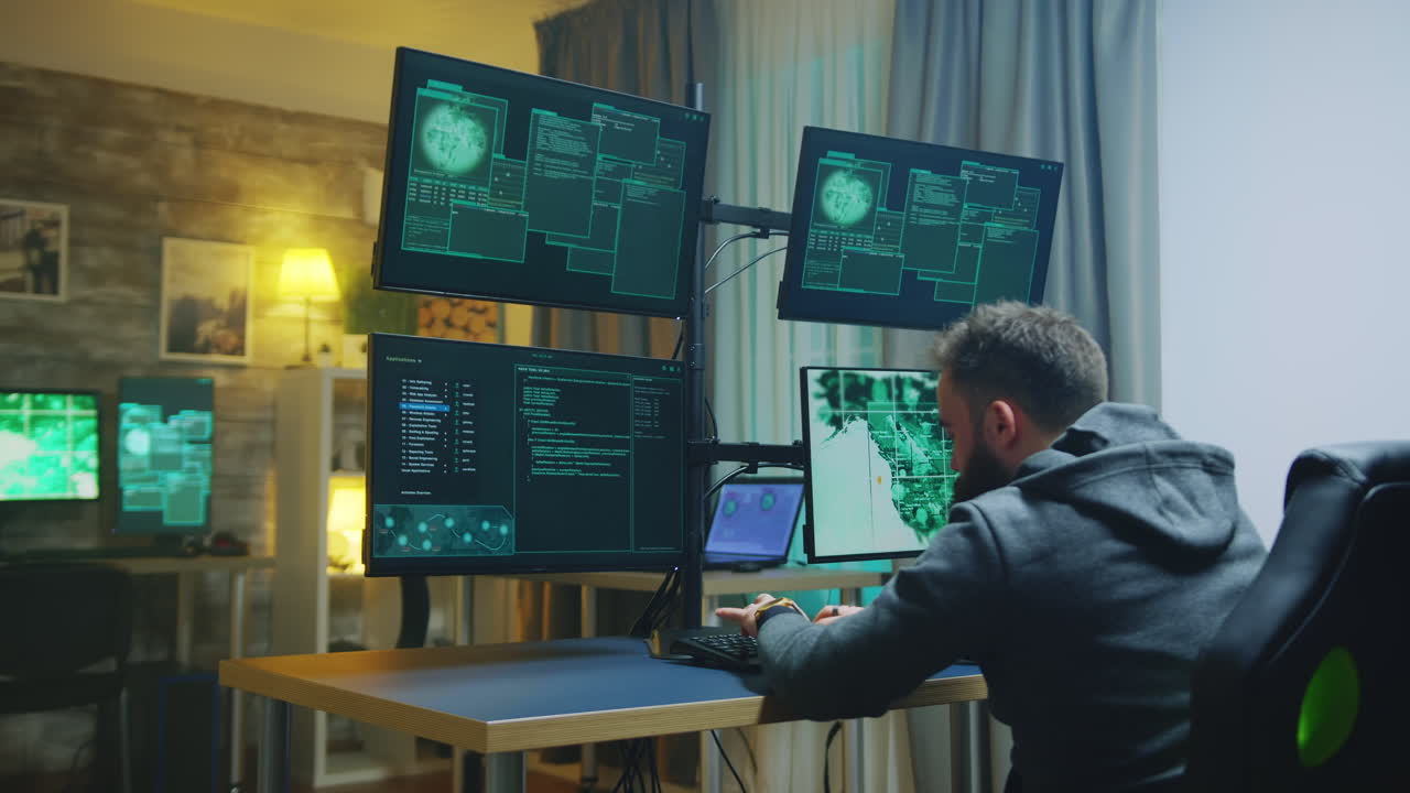 Dangerous hacker with hands raised after breaking government firewall
