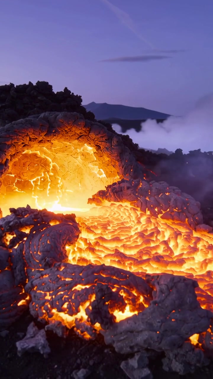 Vertical video: Releasing dome feeding glowing lava flow across slope at dusk, emitting steam plume