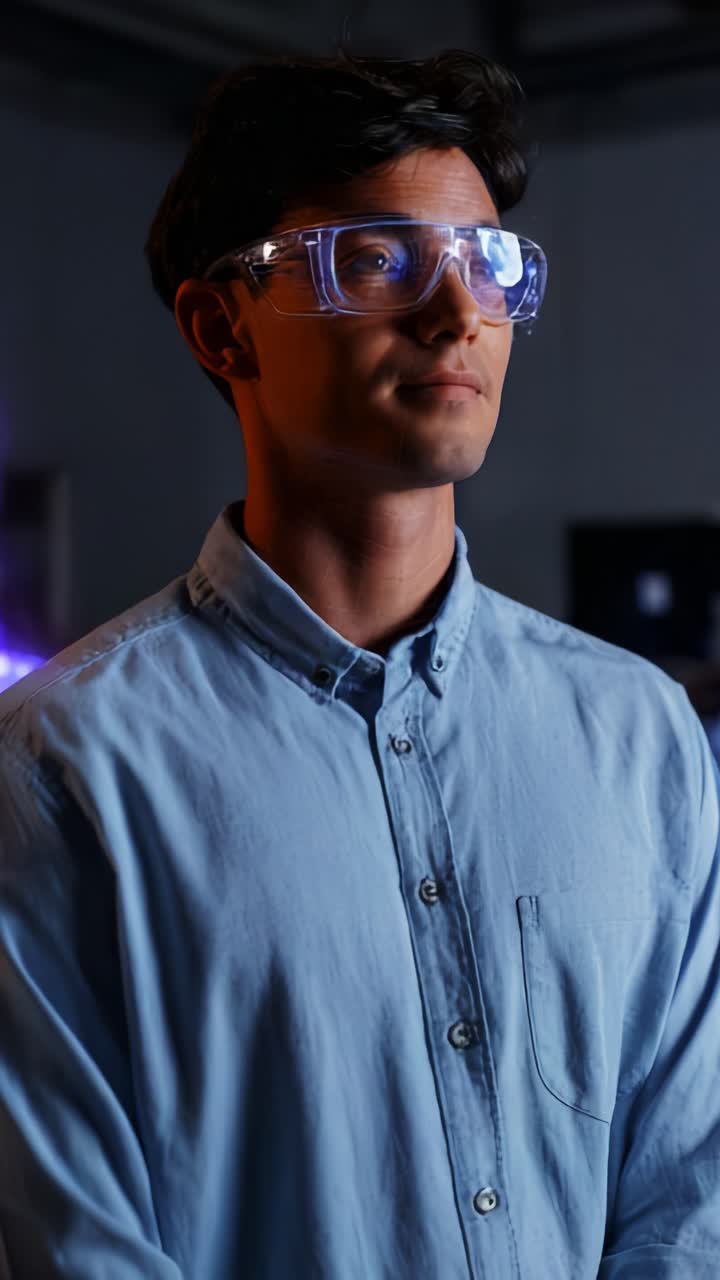 Young man wearing protective goggles stands confidently in a studio environment, showcasing a blend of curiosity and engagement with modern technology