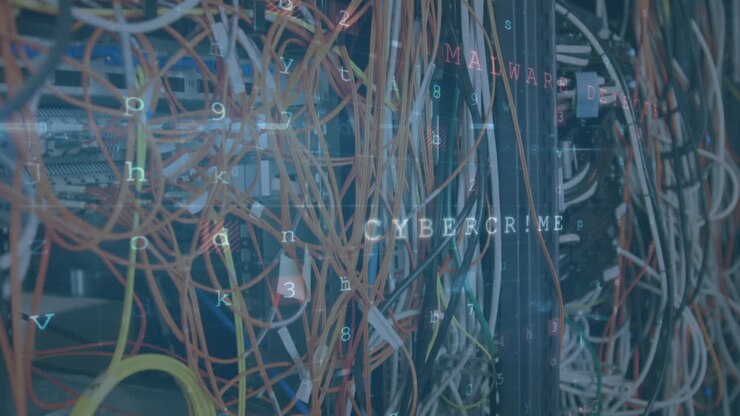 Computer server and cables with warning messages appearing in foreground