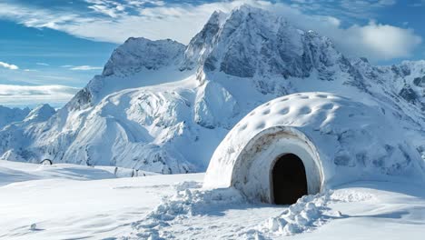 a snow covered igloo in the middle of a snowy mountain range