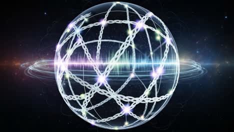 a stunning visual representation of a sphere with vibrant light patterns, energetic waves, and intricate designs set against a mystical cosmic background