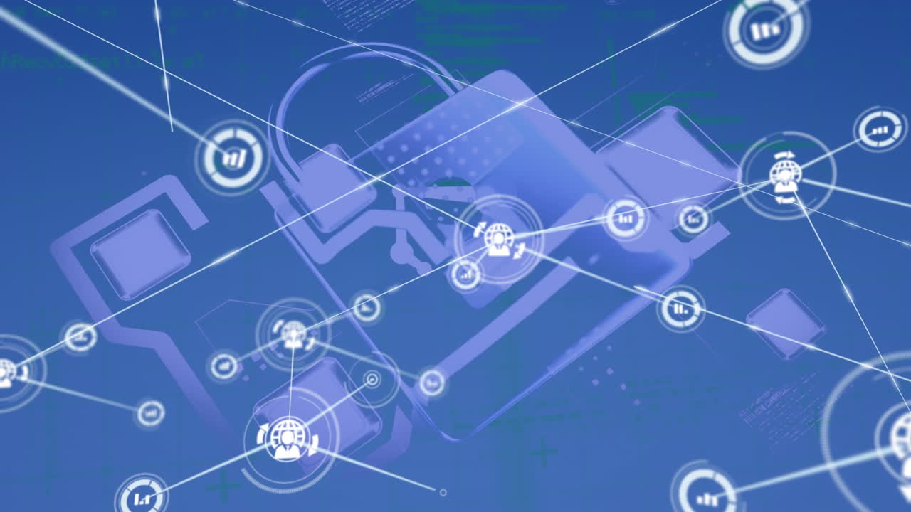 анимация сети цифровых значков против значка замка безопасности и обработка данных