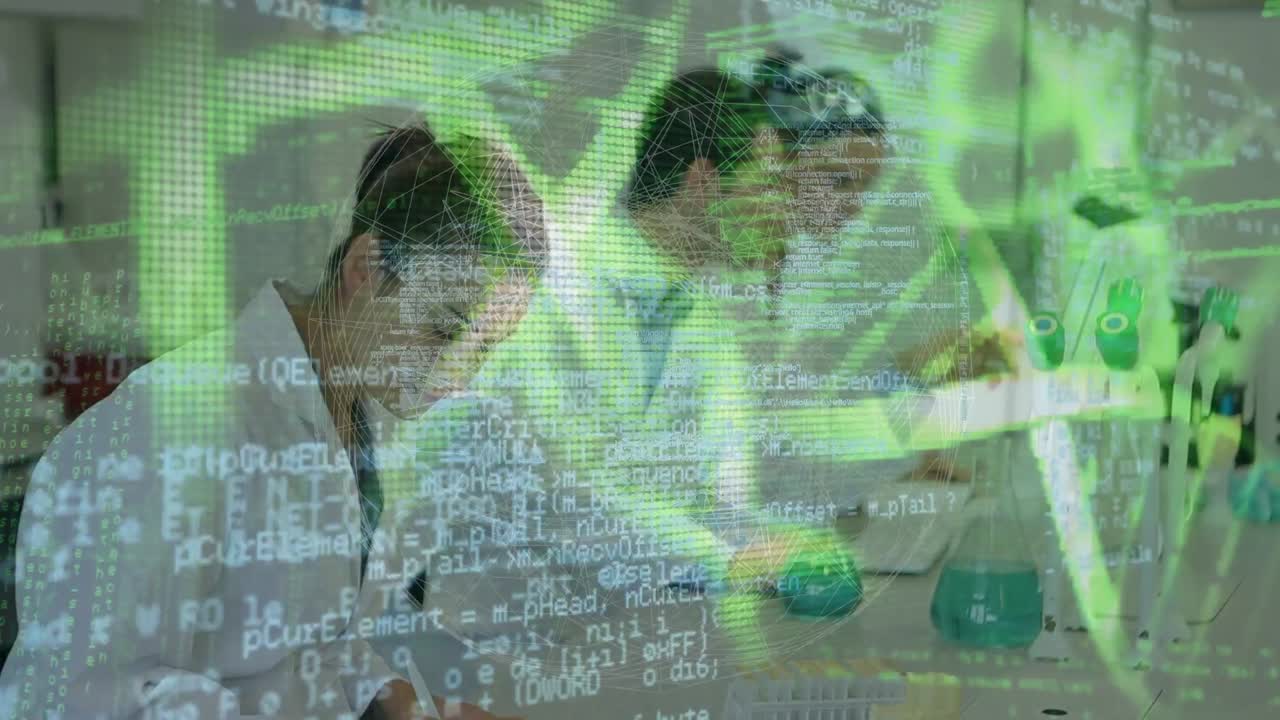 실험실에서 다양한 과학자들에 대한 dna 가닥의 애니메이션과 데이터 처리