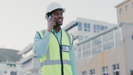 Hombre-Negro,-Construcción-Y-Trabajador-Con-Llamada-Telefónica