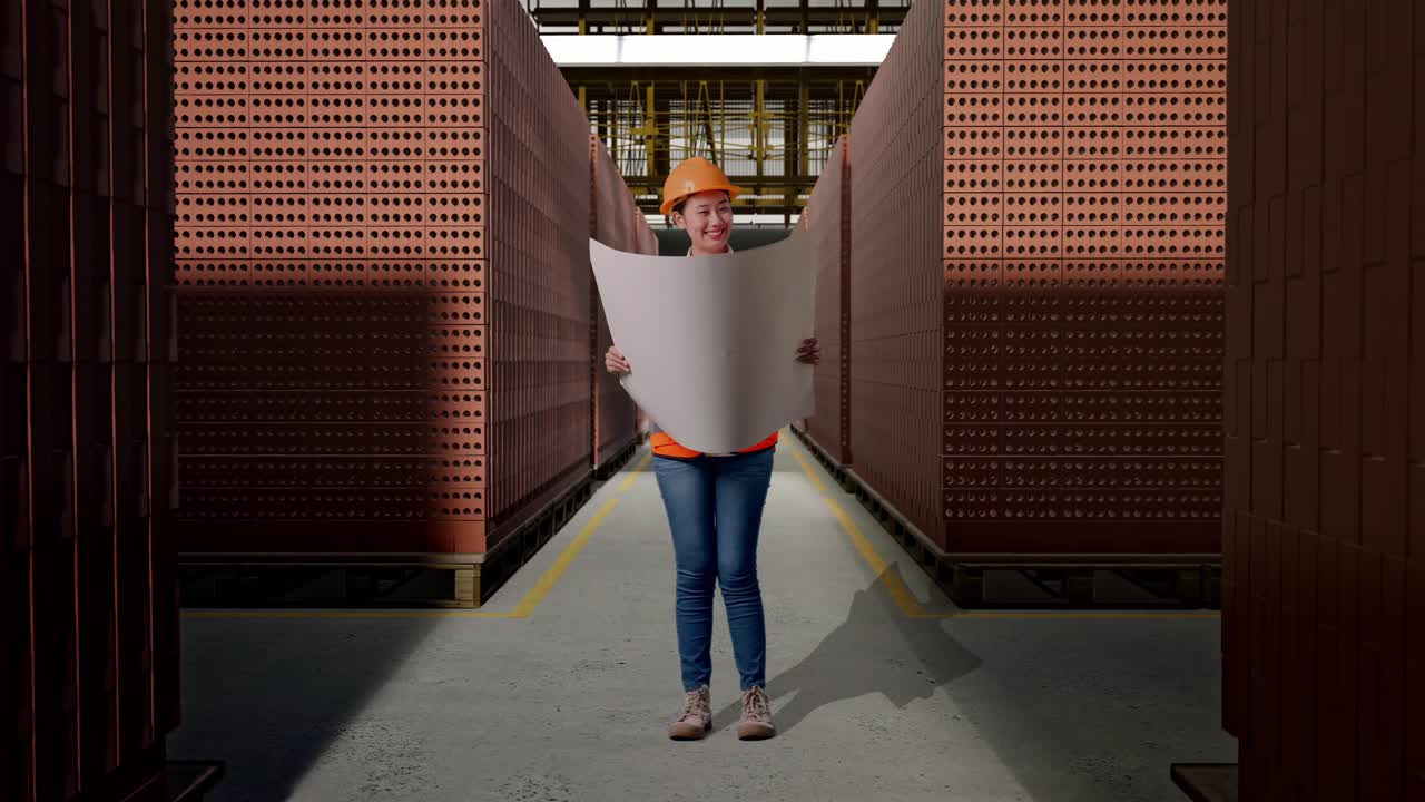 Full Body Of Asian Female Engineer With Safety Helmet Looking At Blueprint In Her Hands And Looking Around While Standing With Red Brick Packed in Stacks Are Stored