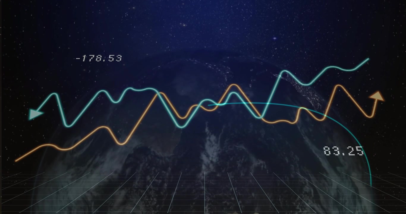 Earth visualization floating over translucent grid, showing neon trend lines twisting across stars