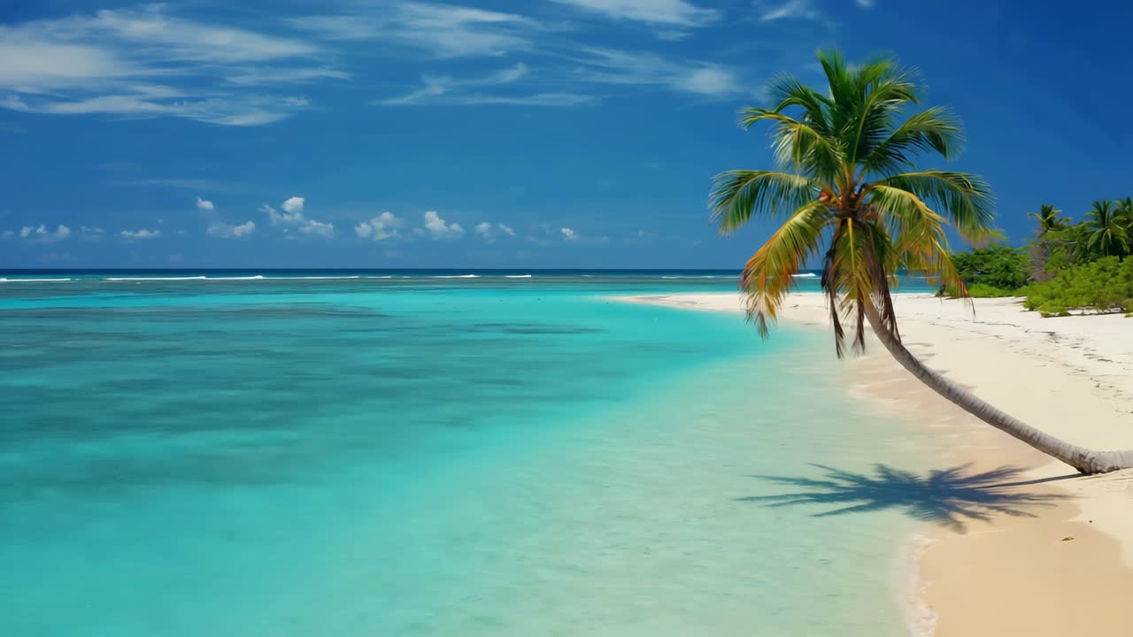 Eine unberührte weiße Sandstrandlinie mit einer sich neigenden Palme, türkisfarbenem Wasser, das sich unter einem azurblauen Himmel mit sanften Kumuluswolken erstreckt und eine ruhige tropische Paradiesatmosphäre verkörpert