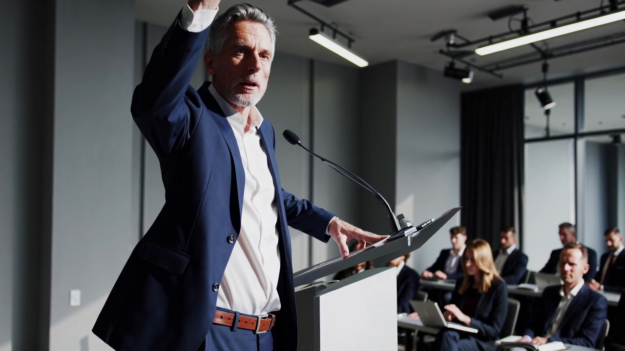 Mature Businessman Speaking at Podium During Corporate Conference