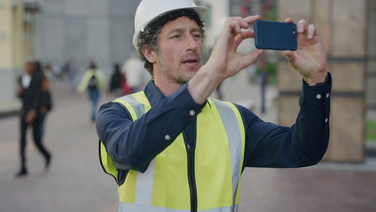 retrato de ingeniero de construcción maduro hombre que usa un teléfono inteligente tomando fotos trabajando en el sitio usando casco de seguridad ropa reflectante en cámara lenta de la ciudad