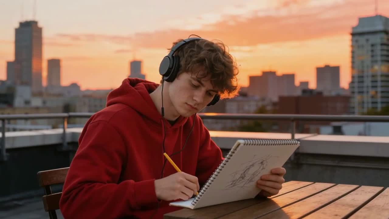 Ung mann tegner på taket ved solnedgang med hodetelefoner