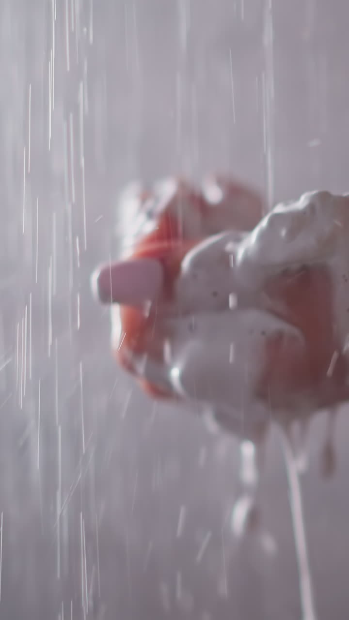 mujer lava la espuma de la palma en el agua de la ducha de cerca. dama utiliza el ratón hidratante de la piel para procedimientos higiénicos en el baño. producto cosmético