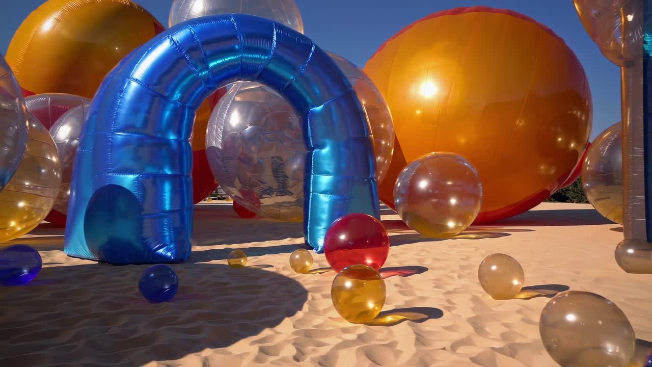 Vibrant inflatable sculptures dotting sandy shoreline, casting whimsical shadows under bright sunlight, transforming beach landscape into surreal dreamscape