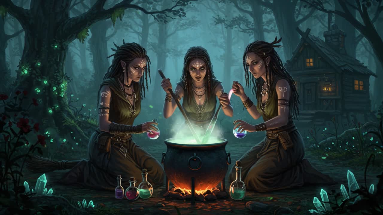 Gathered Under the Moonlit Canopy, Three Enchantresses Engage in an Arcane Ritual, Mixing Potent Elixirs in Their Cauldron Amidst the Mystical Forest Retreat