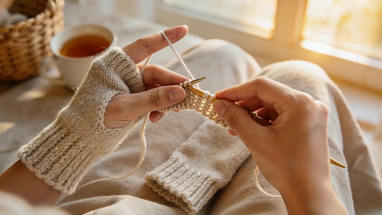 Knitting hands wearing cream mitts, yarn taut, inserting needle and making mitt at sunny window
