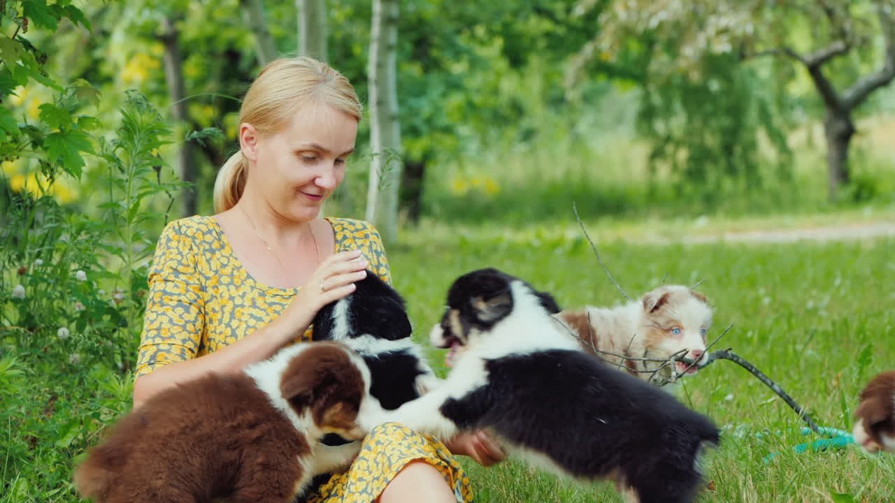 joven mujer caucásica jugando con varios cachorros en su patio trasero