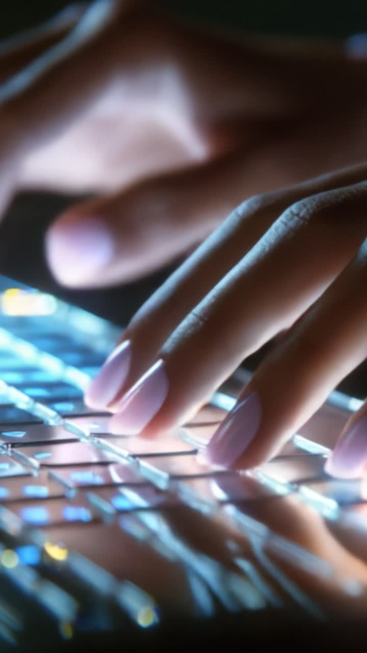 Close-up of Elegant Hand with Soft Pink Nails Typing on a Backlit Keyboard, Showcasing the Modern Blend of Technology and Personal Style in the Digital Era