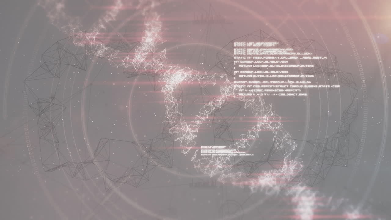 회색 배경에 대한 연결 네트워크를 회전시키는 dna 구조의 디지털 애니메이션