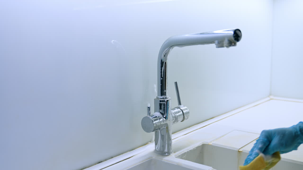 Shiny faucet in bright light. A modern chrome kitchen faucet is installed above a white sink with delicate reflections capturing nearby light