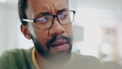 confused, idea and black man in the office