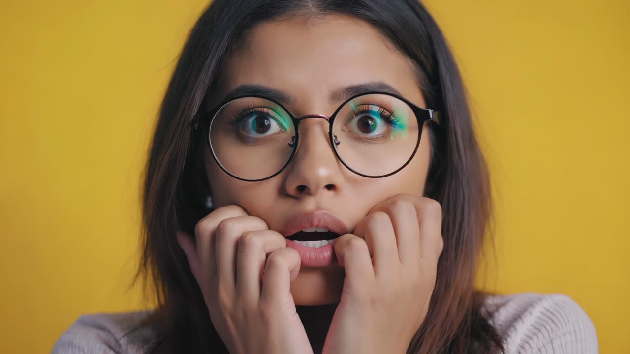 A woman with a surprised expression wearing glasses