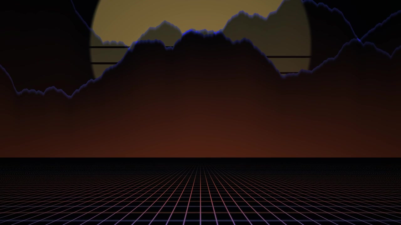 Paesaggio Synthwave Retrò con Griglia Luminosa e Montagne