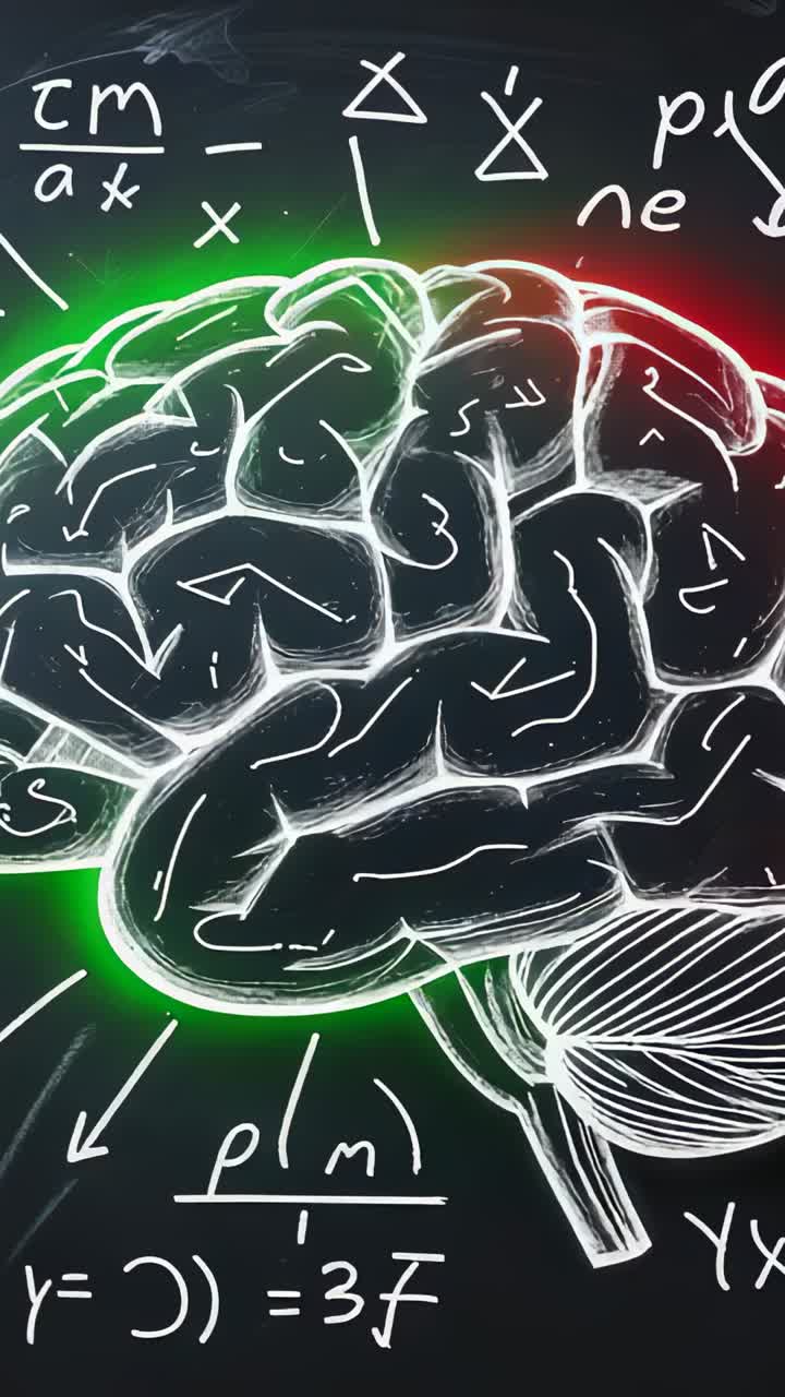 Vertical video: Glow highlighting brain pulsing on sides of chalkboard at school with math symbols