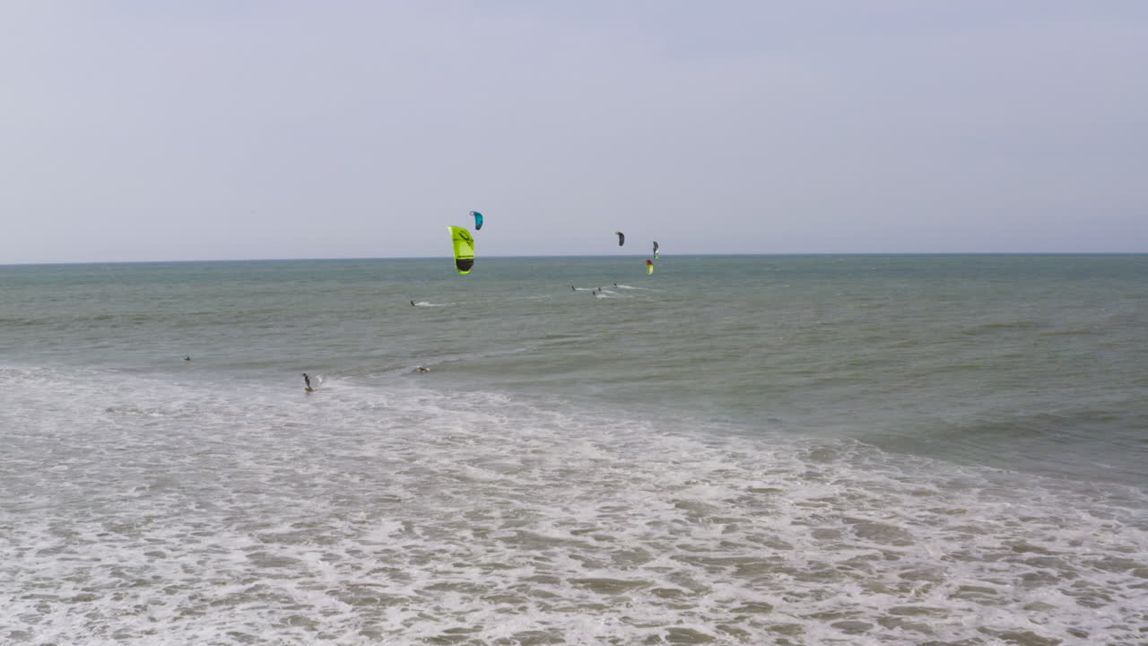 Aerial view of beaches and kite surfing in Mancora Peru, drone