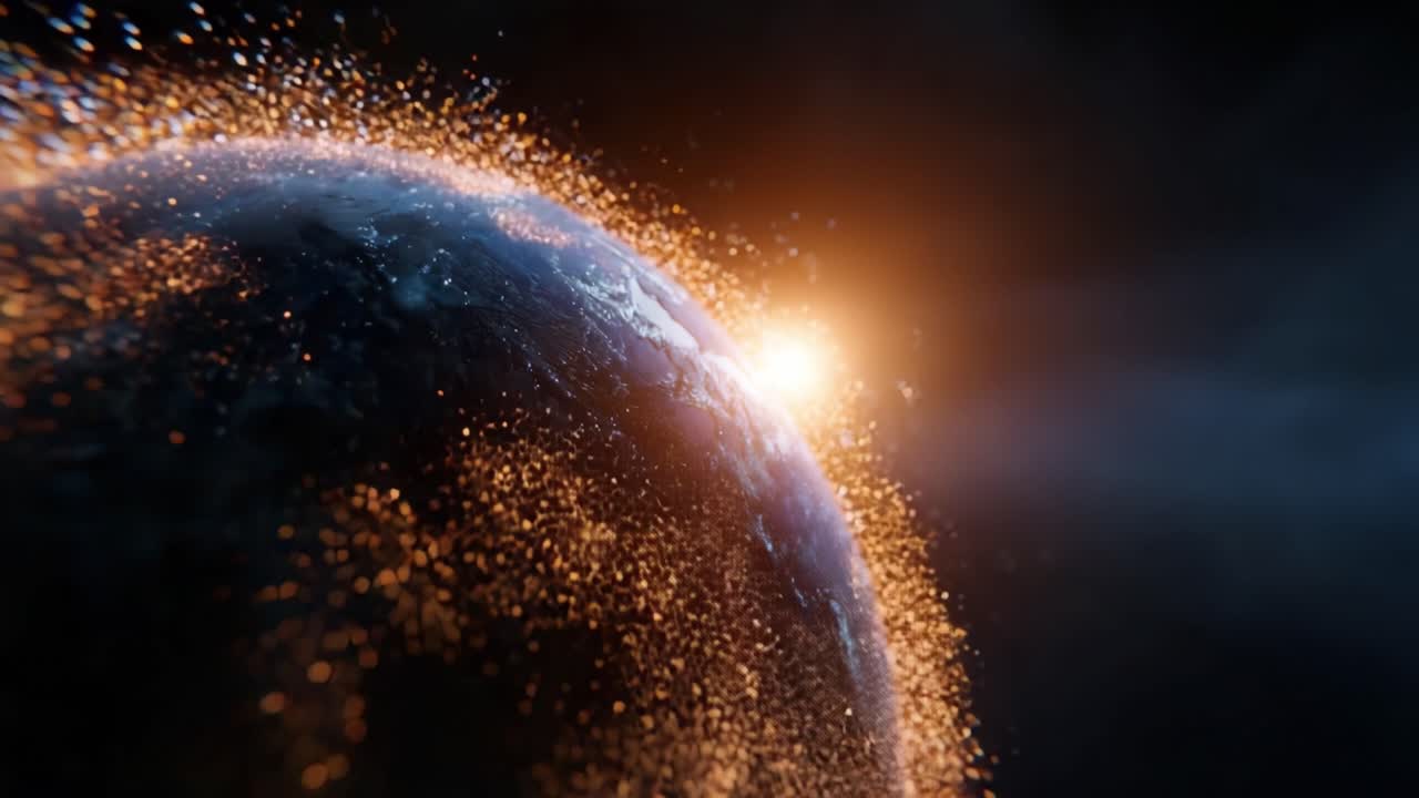 Spectacular View of Earth Surrounded by Glowing Particles and Dazzling Light During a Dramatic Cosmic Event Emitting Radiant Energy into Space