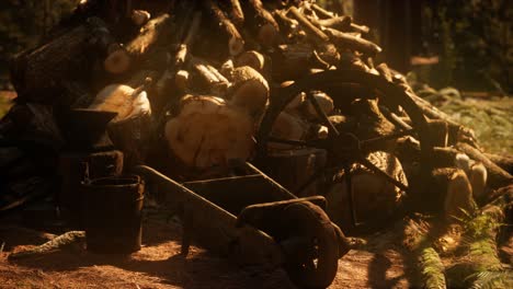 preparation of firewood for the winter in forest at sunset