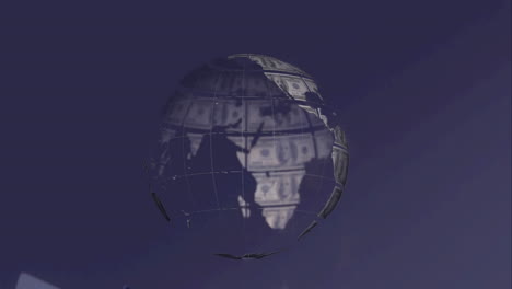 animation of globe made of dollars on dark blue background