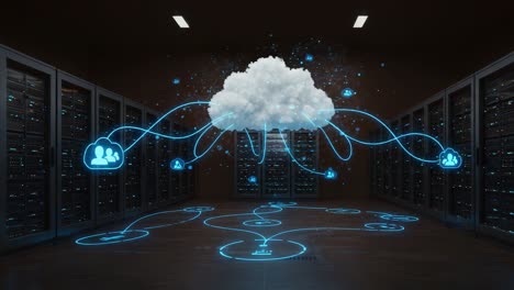 a dynamic depiction of cloud computing in a server room: visualizing data flow and connectivity in modern technology infrastructure