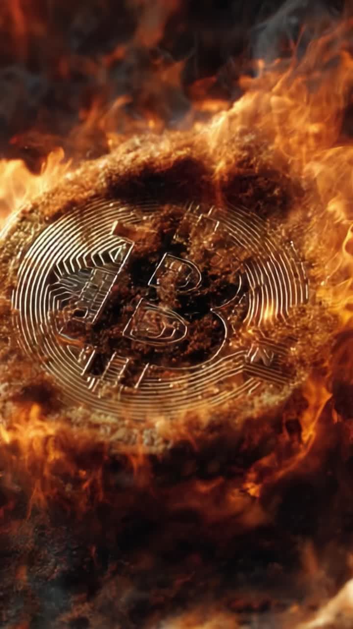 Una trasformazione radicale: simbolo del Bitcoin avvolto da fiamme e cenere, a rappresentare la natura turbolenta dei mercati delle criptovalute e della ricchezza digitale