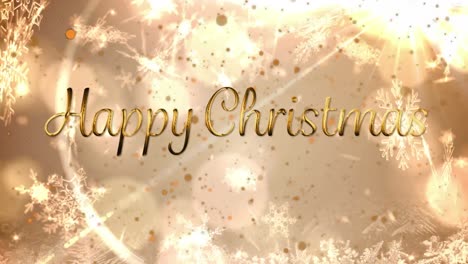 animation of happy christmas text and glowing snowflakes falling