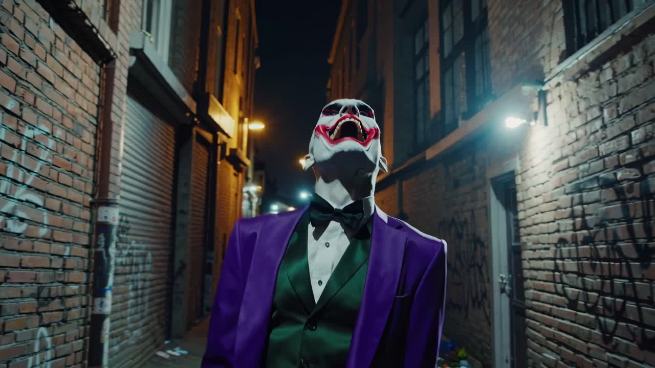 A menacing figure in a purple suit walks down a dimly lit alley at night